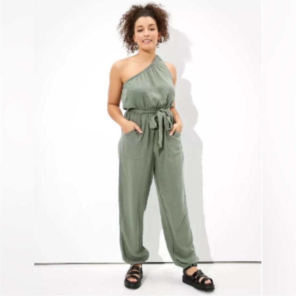 AE Olive Green One Shoulder Tie-Waist Jumpsuit